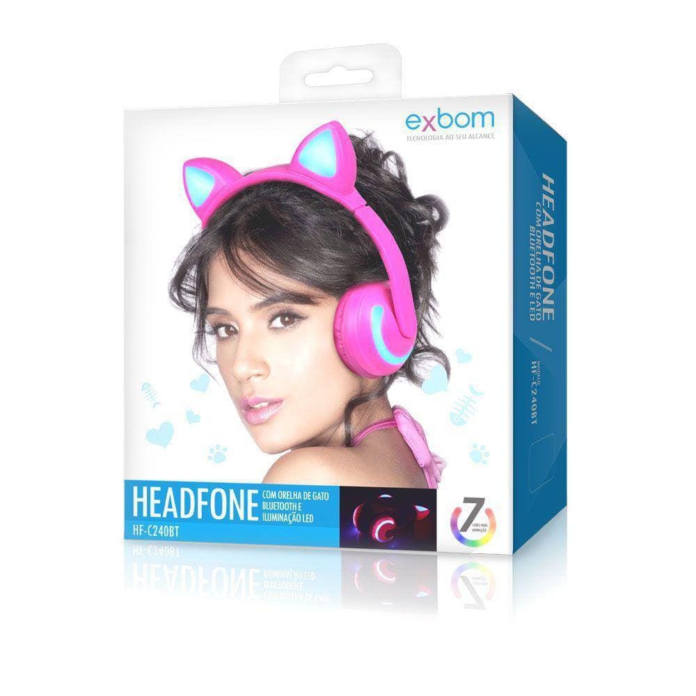 Fone Orelhas De Gatinho Led - Headphone Bluetooth Bass Exbom Rosa