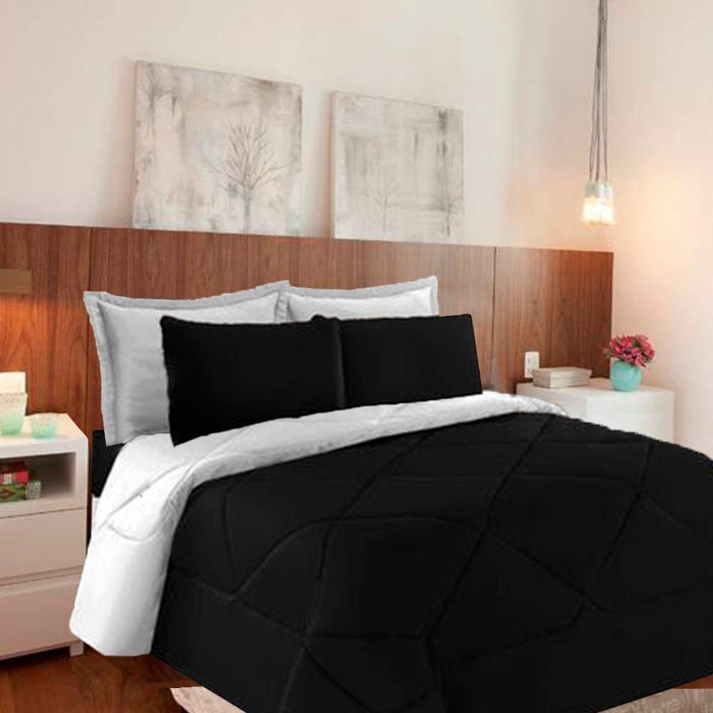 Kit 6 pças Jogo de Cama Afável Microfibra Casa Dona Preto e Branco