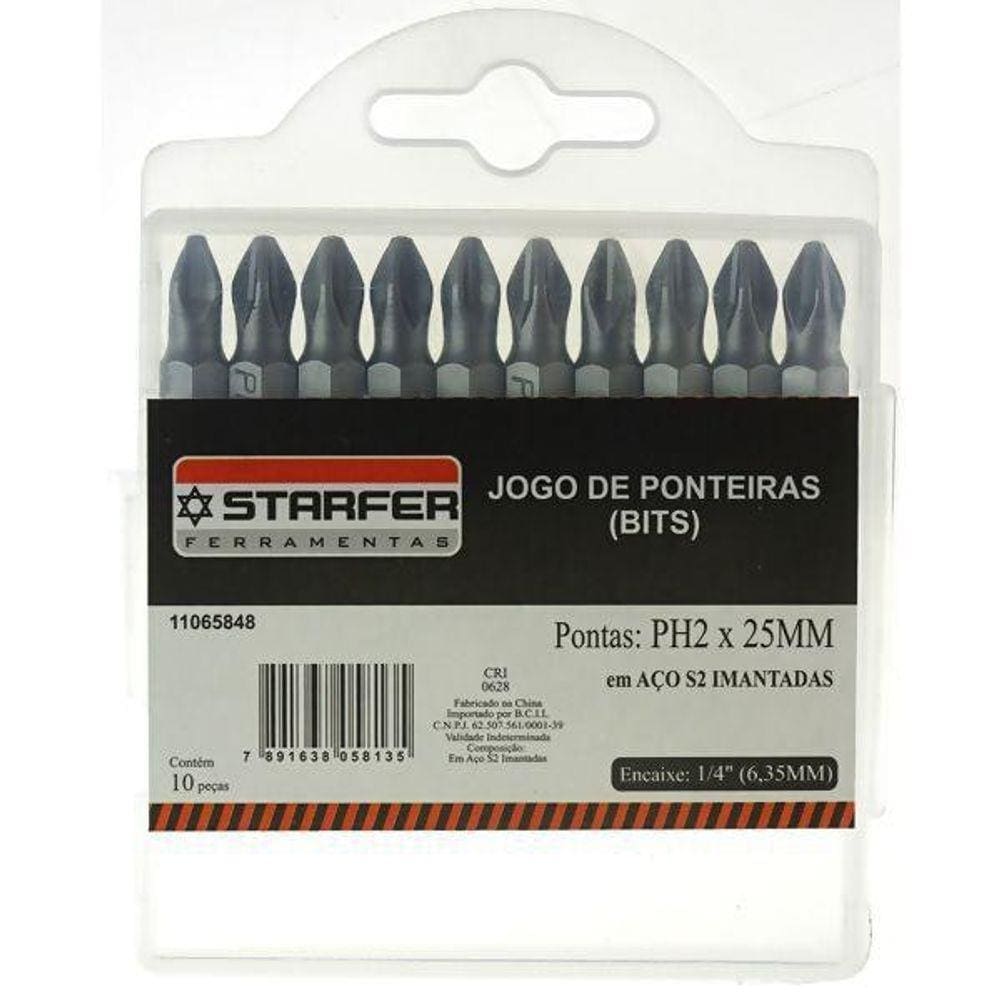 Jogo 10 Bits Ponta Phillips 2 Aço Cromo S2 25Mm Starfer