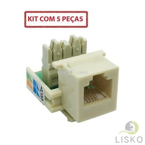 Kit C/ 5 Conector Fêmea Rj11 Keystone Cat3 4 Vias 6x4 Bege