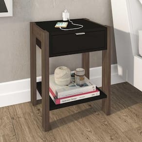 Mesa de Cabeceira 1 Gaveta Com Tomada Az1016 Preto/nogal - Tecno Mobili