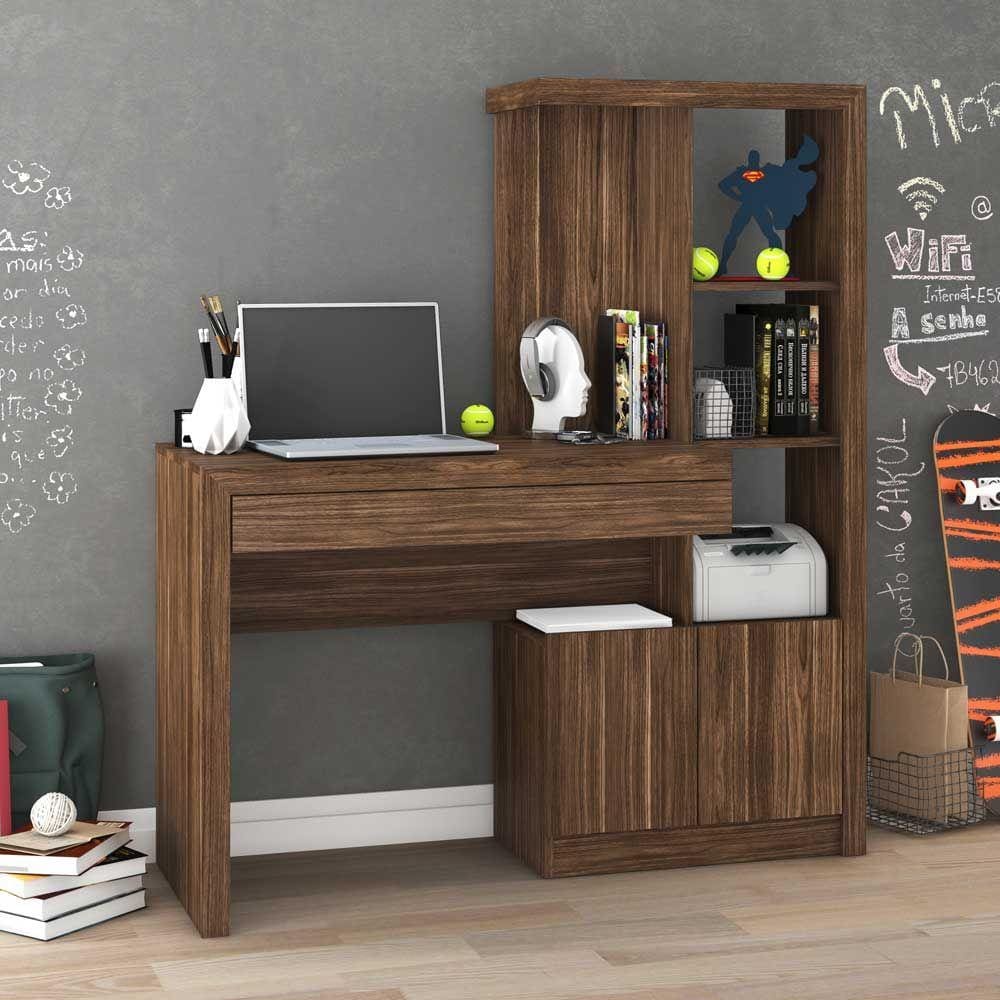 Mesa Para Computador 2 Portas 1 Gaveta 2 Prateleiras Me4143 Nogal - Tecno Mobili