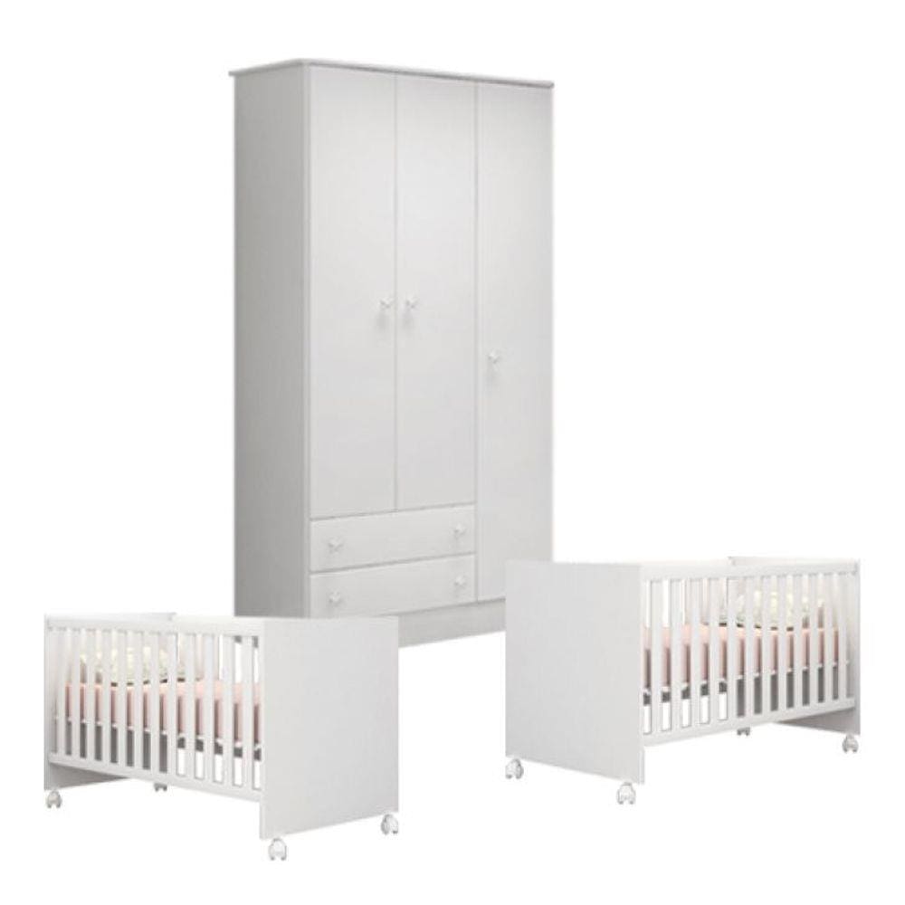Kit Berço Gemeos 1344 Com Rodízios e Guarda Roupa 2617 Linha Doce Sonho Qmovi