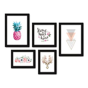 Kit Com 5 Quadros Decorativos - Abstrato Frase Flor Rosa - 015kq01p