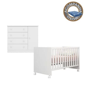 Kit Berço 1344 Com Rodízios Com Colchão Baby Physical e Cômoda 2561 Linha Doce Sonho Qmovi Ortobom