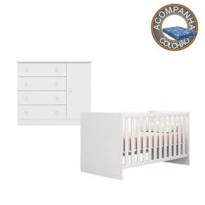 Kit Berço 1344 sem Rodízios Com Colchão Baby Physical e Cômoda 2561 Linha Doce Sonho Qmovi Ortobom