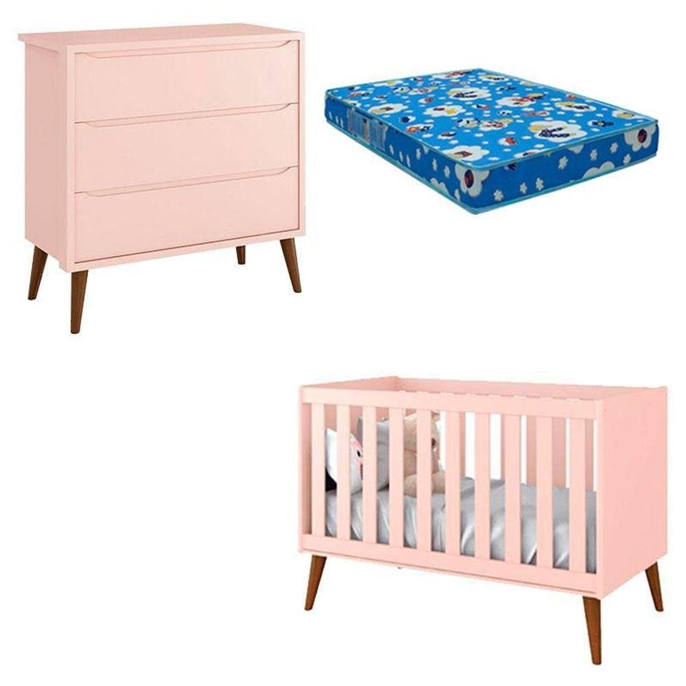 Berço Americano e Cômoda Infantil Gaveteiro Theo Pés Amadeirados com Colchão - Reller