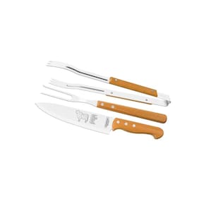 Jogo para Churrasco com Lâminas em Aço Inox e Cabos em Madeira Natural com 3 Peças