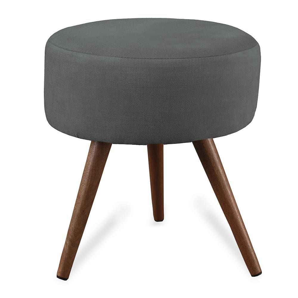 Puff Cama Inbox Hilda Redondo com Pés em Madeira Maciça Tecido Suede Cinza