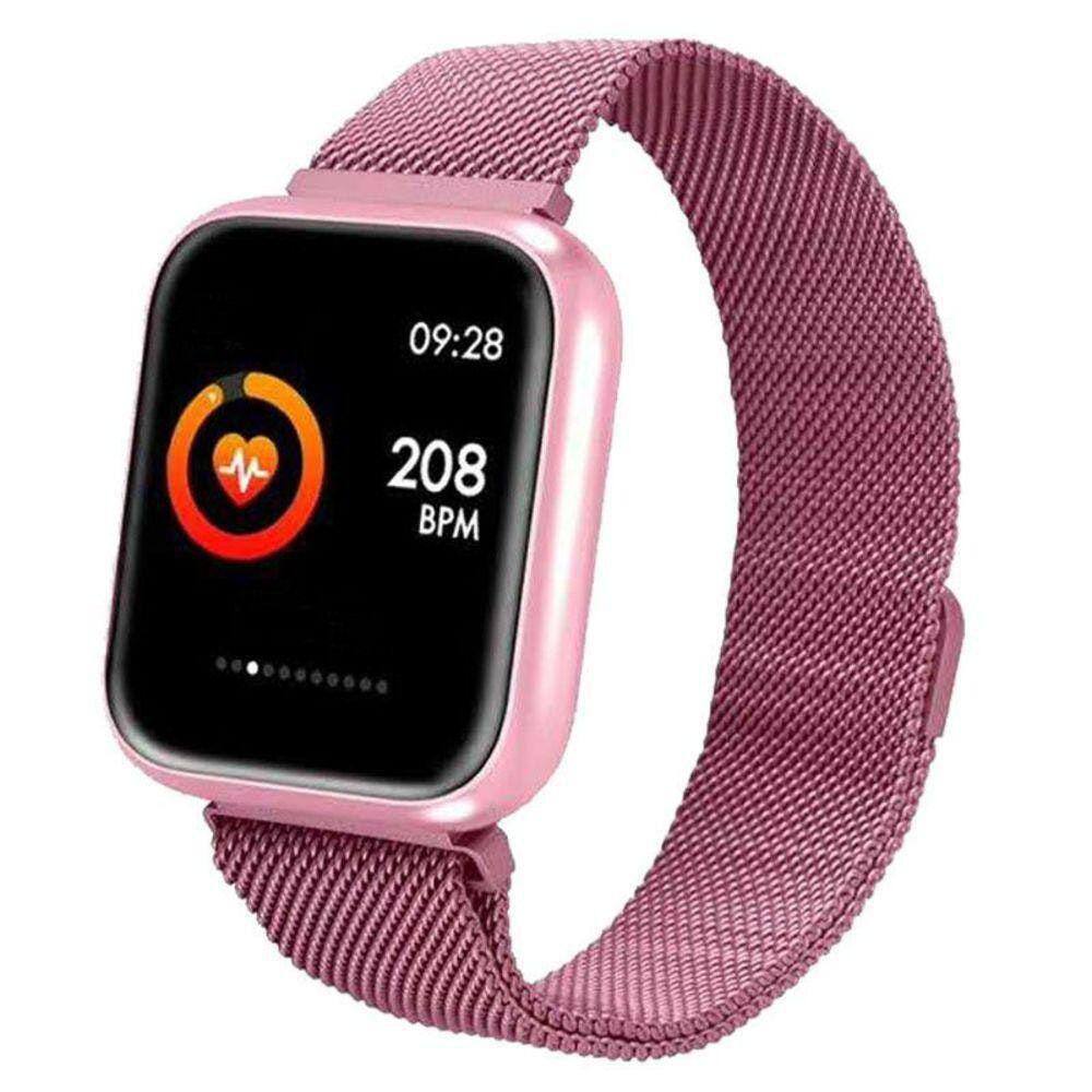 relogio smartband inteligente p70 pulseira metal rosa