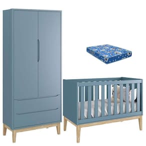 Berço Americano com Colchão e Guarda Roupa Classic 2 Portas Pés Madeira Natural - Reller