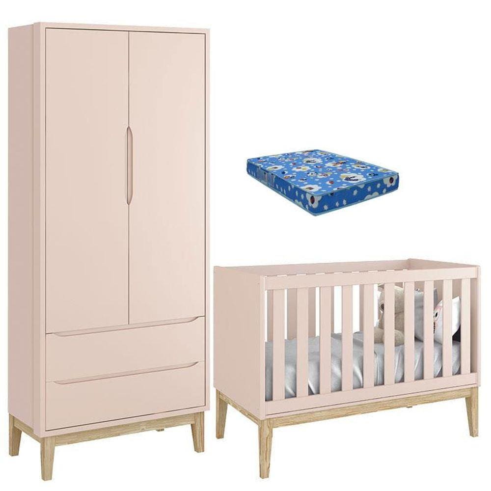 Berço Americano com Colchão e Guarda Roupa Classic 2 Portas Pés Madeira Natural - Reller