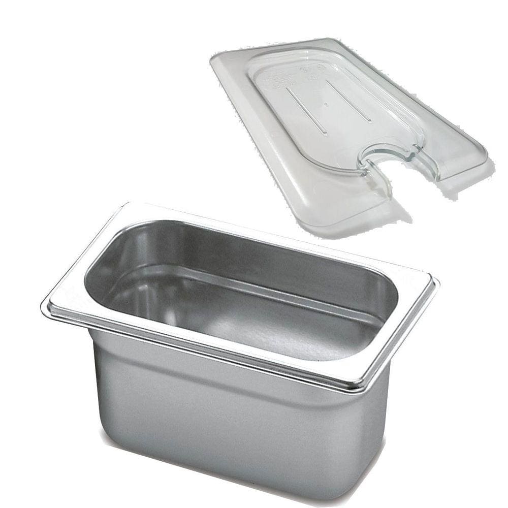 Conjunto Cuba Gastronômica Inox GN 1/9x100 mm 1 Litro Sem Alça com Tampa de policarbonato 1/9 com abertura para colher / concha