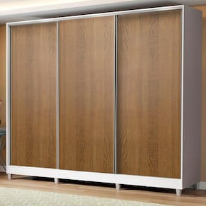 Guarda Roupa Infantil 100% MDF Madesa Logan 3 Portas de Correr com Pés - Branco/Rustic