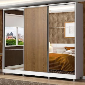 Guarda Roupa Casal 100% MDF Madesa Zurique 3 Portas de Correr com Espelhos com Pés - Branco/Rustic