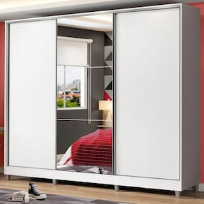 Guarda Roupa Juvenil 100% MDF Madesa Kevin 3 Portas de Correr com Espelho com Pés - Branco