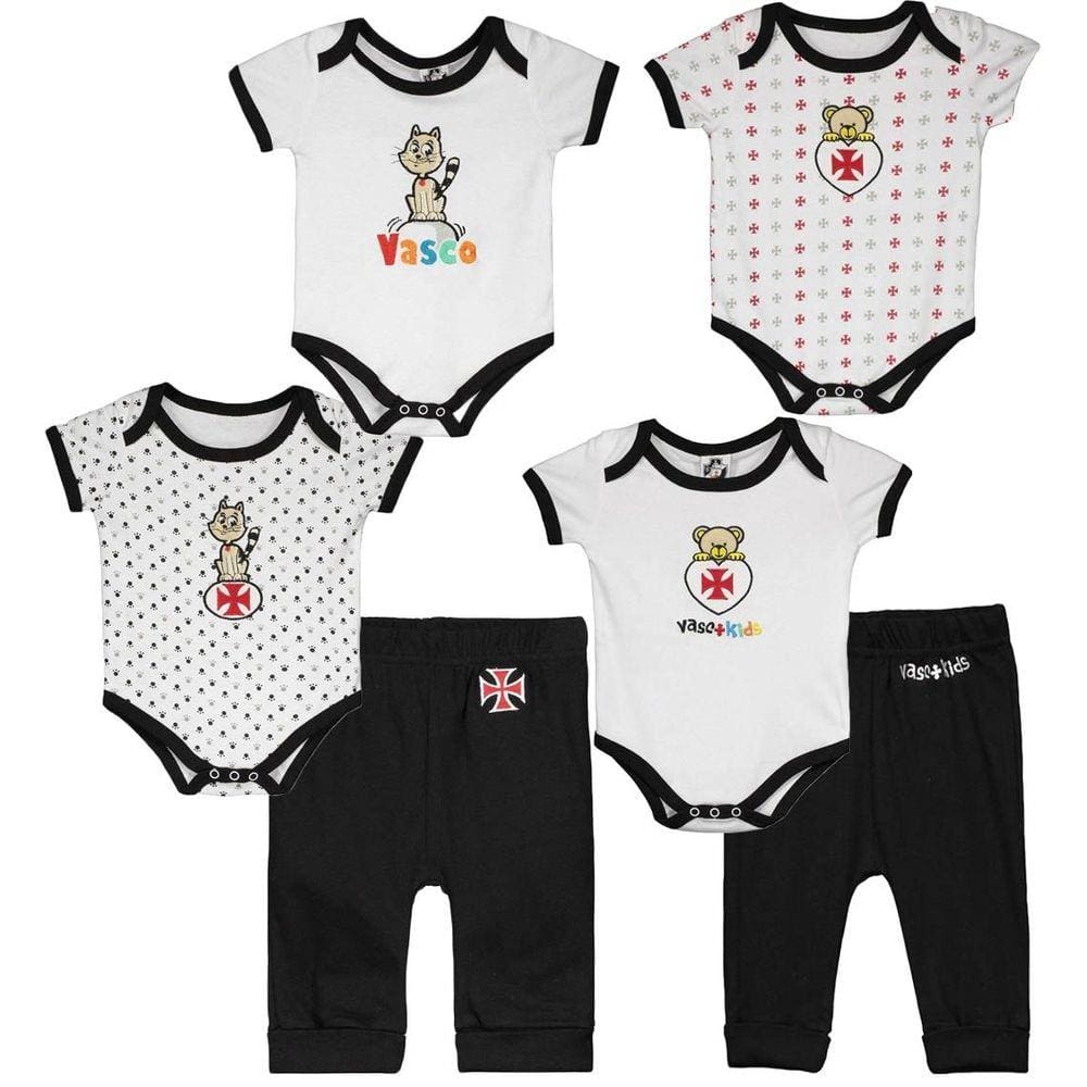 Conjunto Infantil - Vasco da Gama Bebê 4 Bodies + 2 Calças Urso + Gatinho