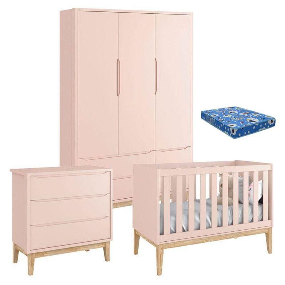 Quarto de Bebê Classic 3 Portas com Colchão Cômoda Gaveteiro Pés Madeira Natural - Reller