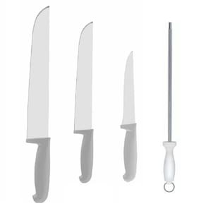 Kit Faca Açougueiro Churrasco Cozinha Aço Inox 6 8 12 Chaira Cabo Branco com 4UN