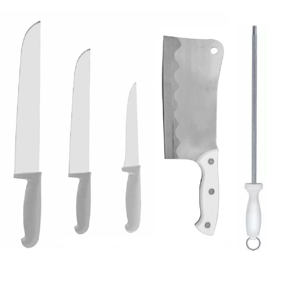 Kit Faca Açougue Churrasco Cozinha 6 8 12 Cutelo 6 e Chaira 12 Cabo Branco - 5UN