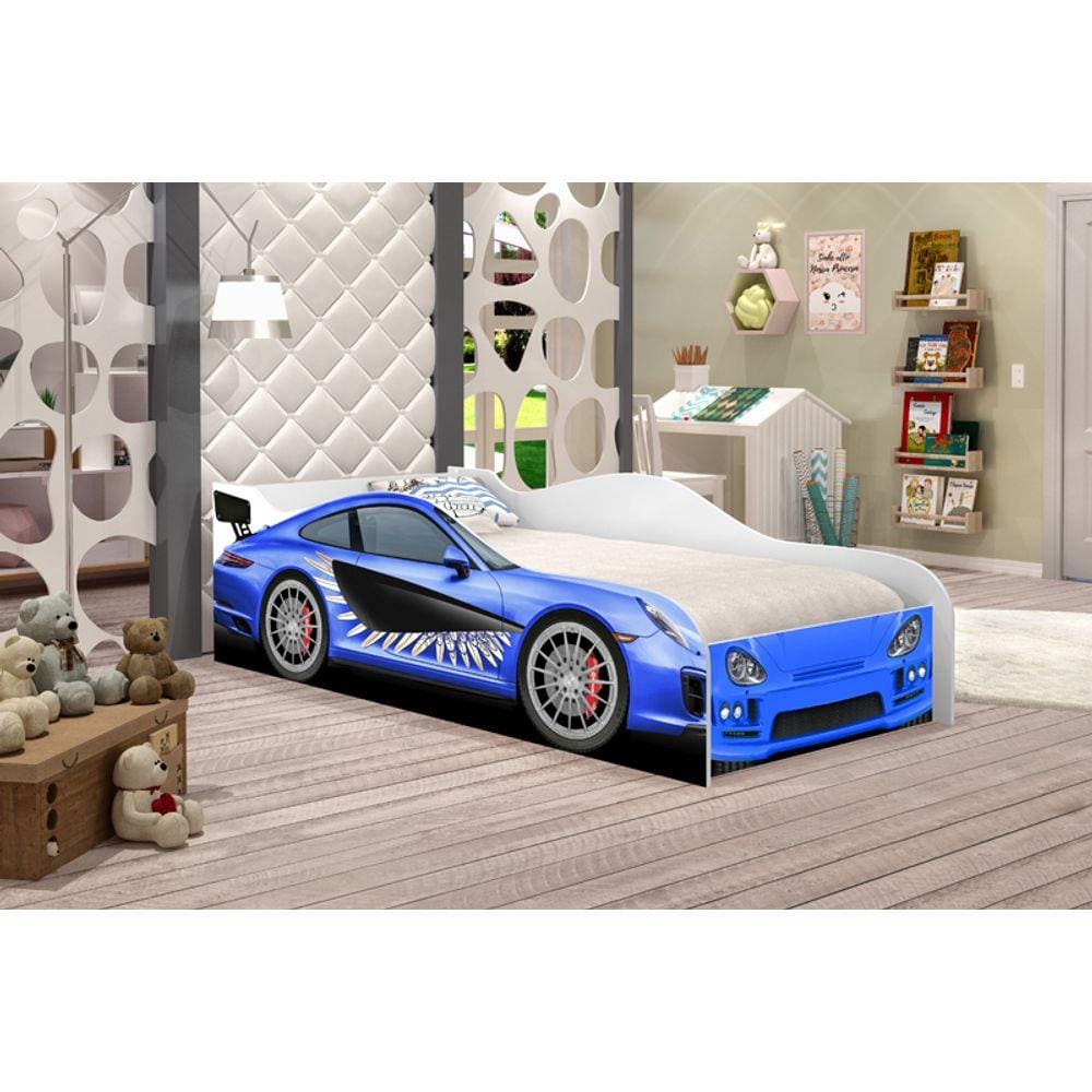 Cama Infantil Carro Drift Azul/Branco c/Colchão