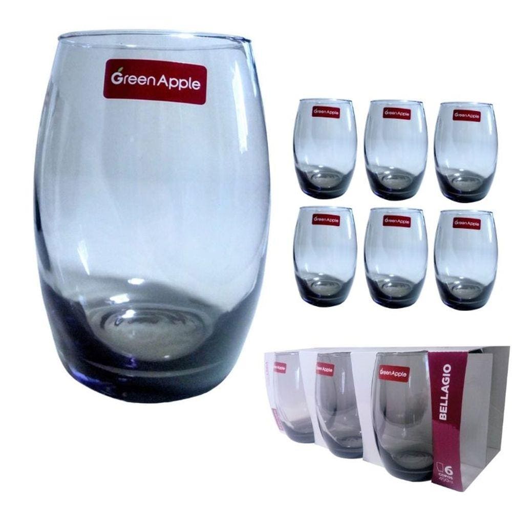 6 Copos Vidro Bellagio Redondo 450ml Grande Colorido Cinza