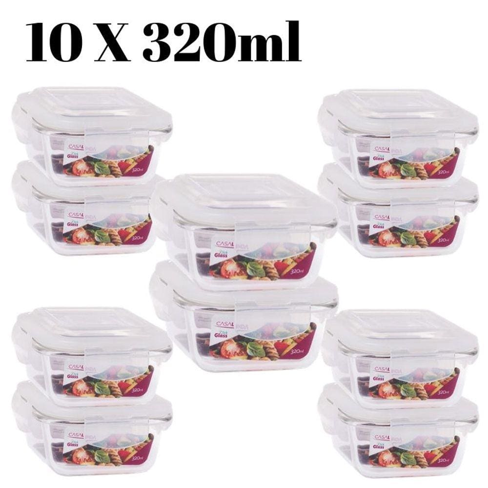 Conjunto Jogo 10 Potes Vidro Hermético Tampa 4 travas 320ml