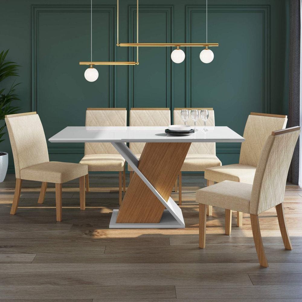 Conjunto Sala de Jantar 6 Cadeiras Helena Espresso Móveis Nature/Off White/Linho