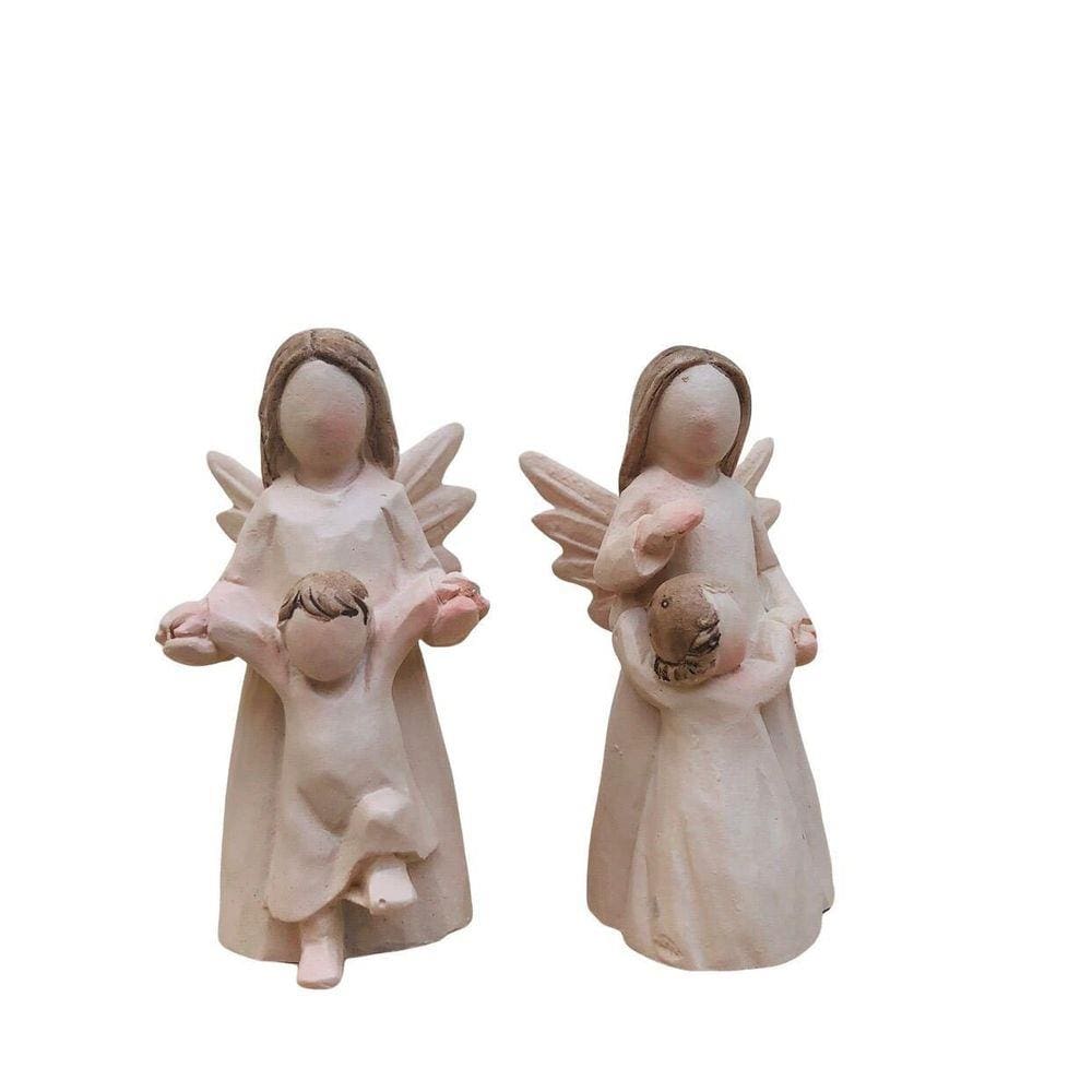 Dois Anjos Abraçando E Segurando Bebê Pequenos Resina 7X3Cm