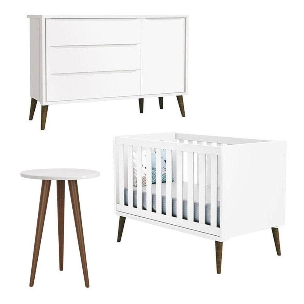 Berço Americano com Cômoda Sapateira Infantil e Mesa de Canto Theo Pés Amadeirados - Reller