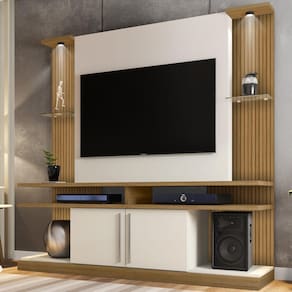 Rack Com Painel Para Tv Até 60 Polegadas York Com Led Cinamono/off White/ripado - Bechara Móveis