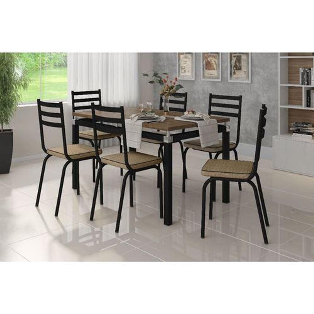 Jogo de Mesa Malva Vidro Preto 140 cm com 6 Cadeiras 118 Preto Rattan Artefamol