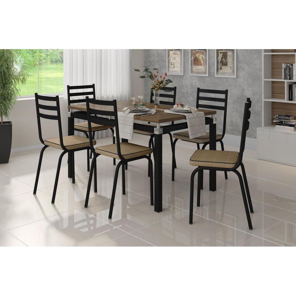Jogo de Mesa Malva Preto Tampo BP De 136cm x 80cm com 6 Cadeiras Preto Rattan - Artefamol