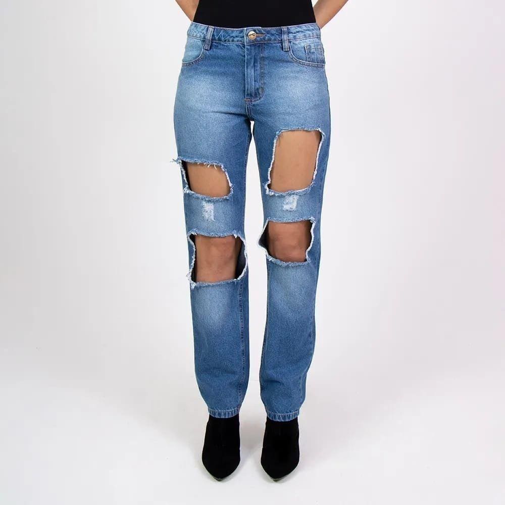 Calça Jeans Destroyed Feminina Cintura Média Lady Rock