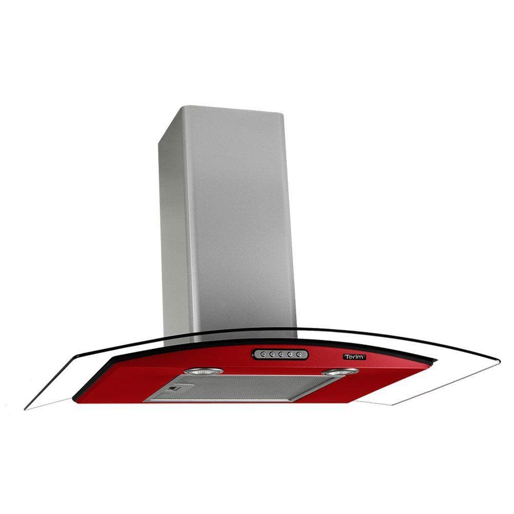 Coifa Terim Parede Vidro Curvo Vermelha Inox 70 Cm Duto Slim