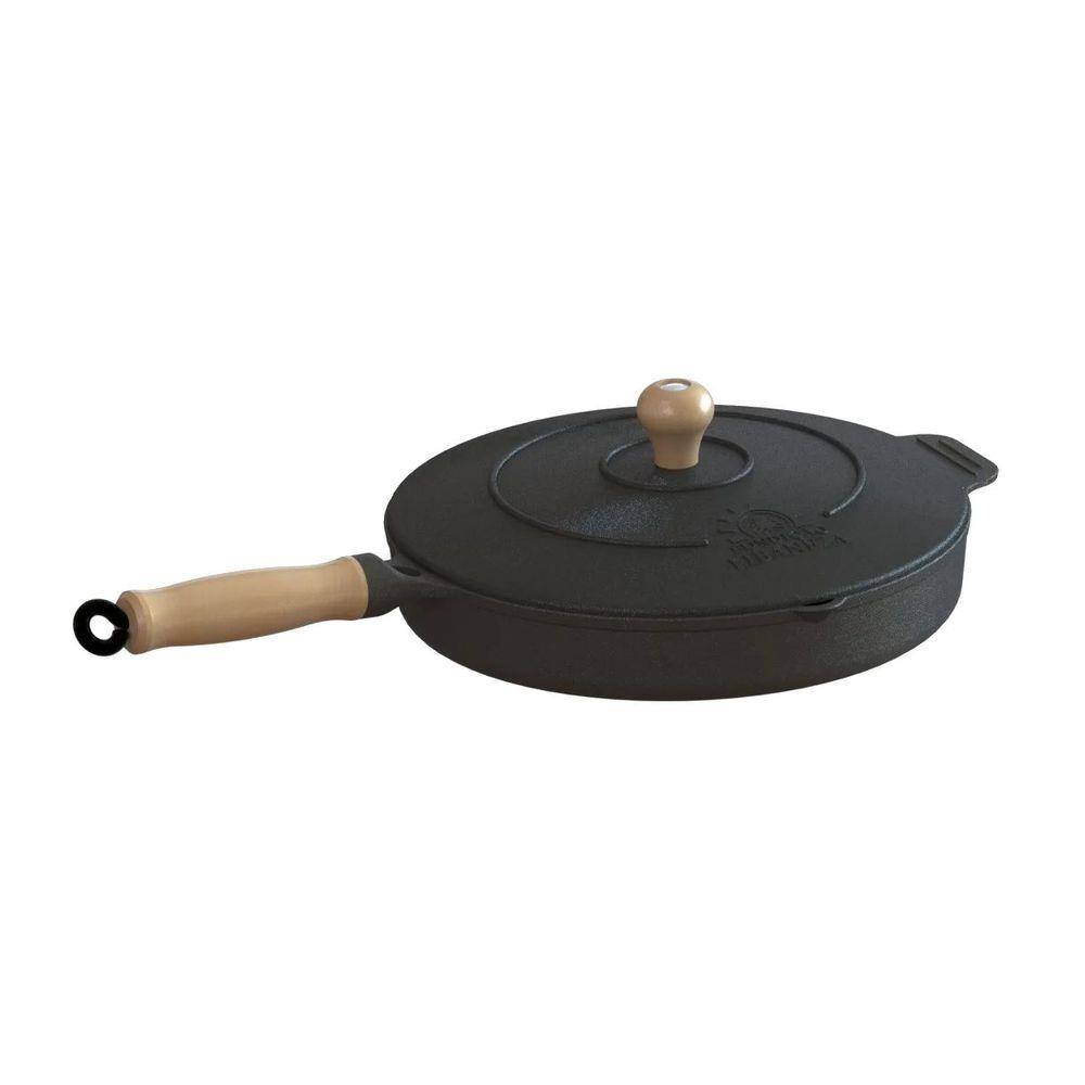 Frigideira Ferro Fundido Com Tampa ferro Cabo Madeira 26cm