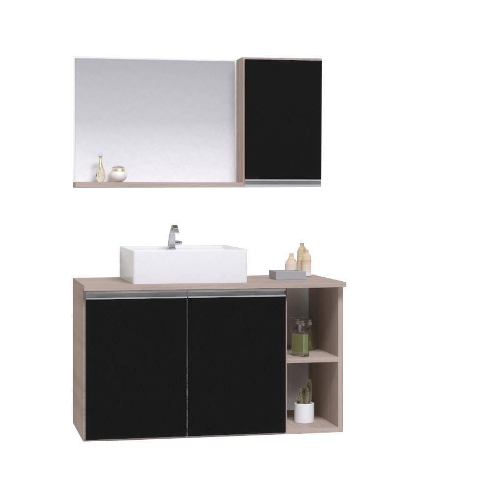 Gabinete Armario Banheiro Virtus 80Cm + Cuba + Espelheira Madeirado/Preto