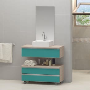 Gabinete Banheiro Creta 60Cm (Kit) Madeirado/Acquamarine + Cuba Quadrada + Puxador Aluminio