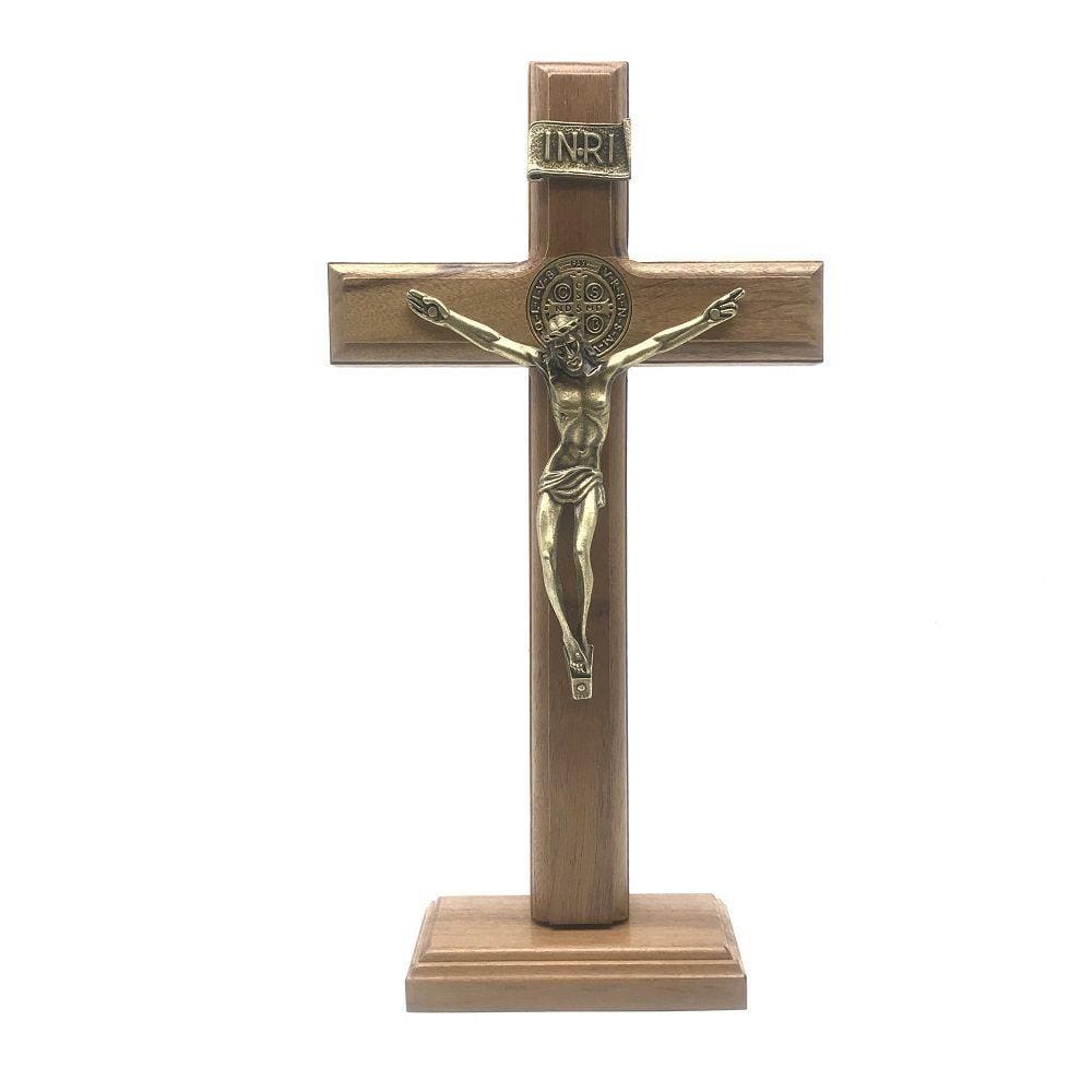 Crucifixo de Mesa e Parede Madeira Metal São Bento Ouro Velho 26 Cm