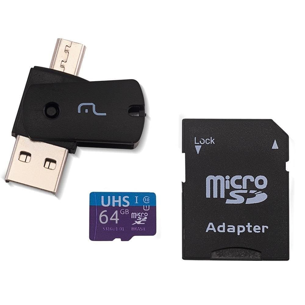 Kit Multilaser MC152 4 em 1: Cartão De Memória Ultra High Speed-I + Adaptador USB Dual Drive + Adaptador SD 64GB