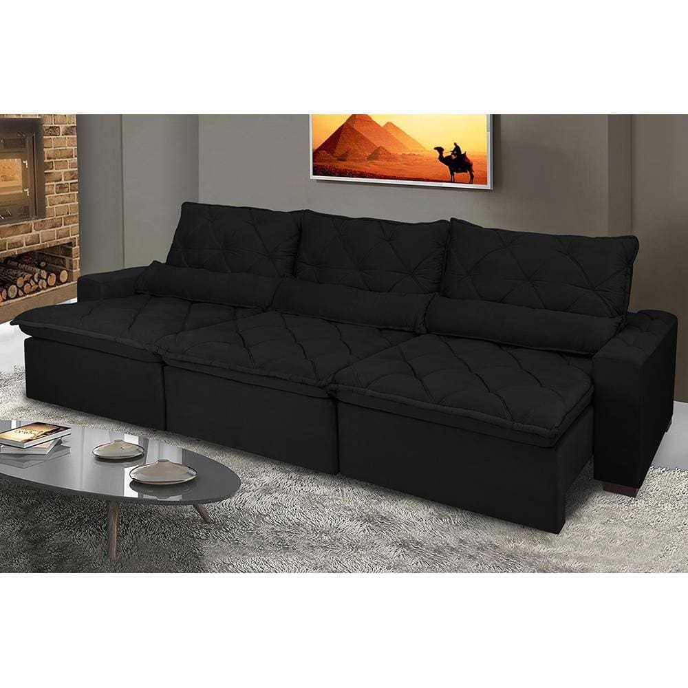 Sofá Lisboa 3,82m Retrátil, Reclinável, Molas no Assento e Almofadas Lombar Tecido Suede Preto