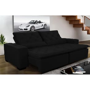 Sofá Magnum 2,22m Retrátil, Reclinável, Molas no Assento e Almofadas Lombar Suede Preto Cama InBox