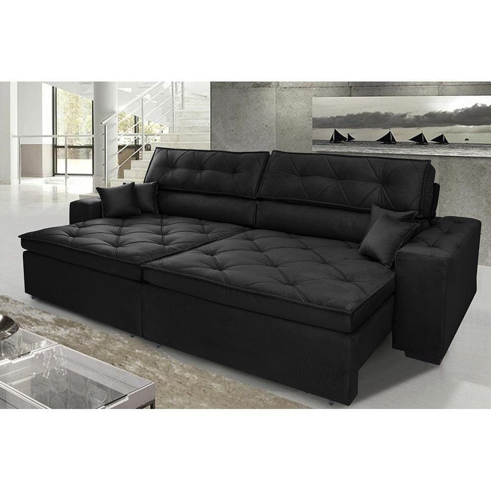 Sofá Austin 2,62m Retrátil, Reclinável com Molas no Assento e Almofadas, Tecido Suede Preto
