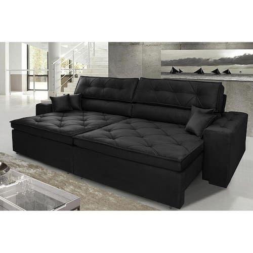 Sofá Austin 2,22m Retrátil, Reclinável com Molas no Assento e Almofadas, Tecido Suede Preto