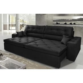 Sofá Austin 3,02m Retrátil, Reclinável com Molas no Assento e Almofadas, Tecido Suede Preto