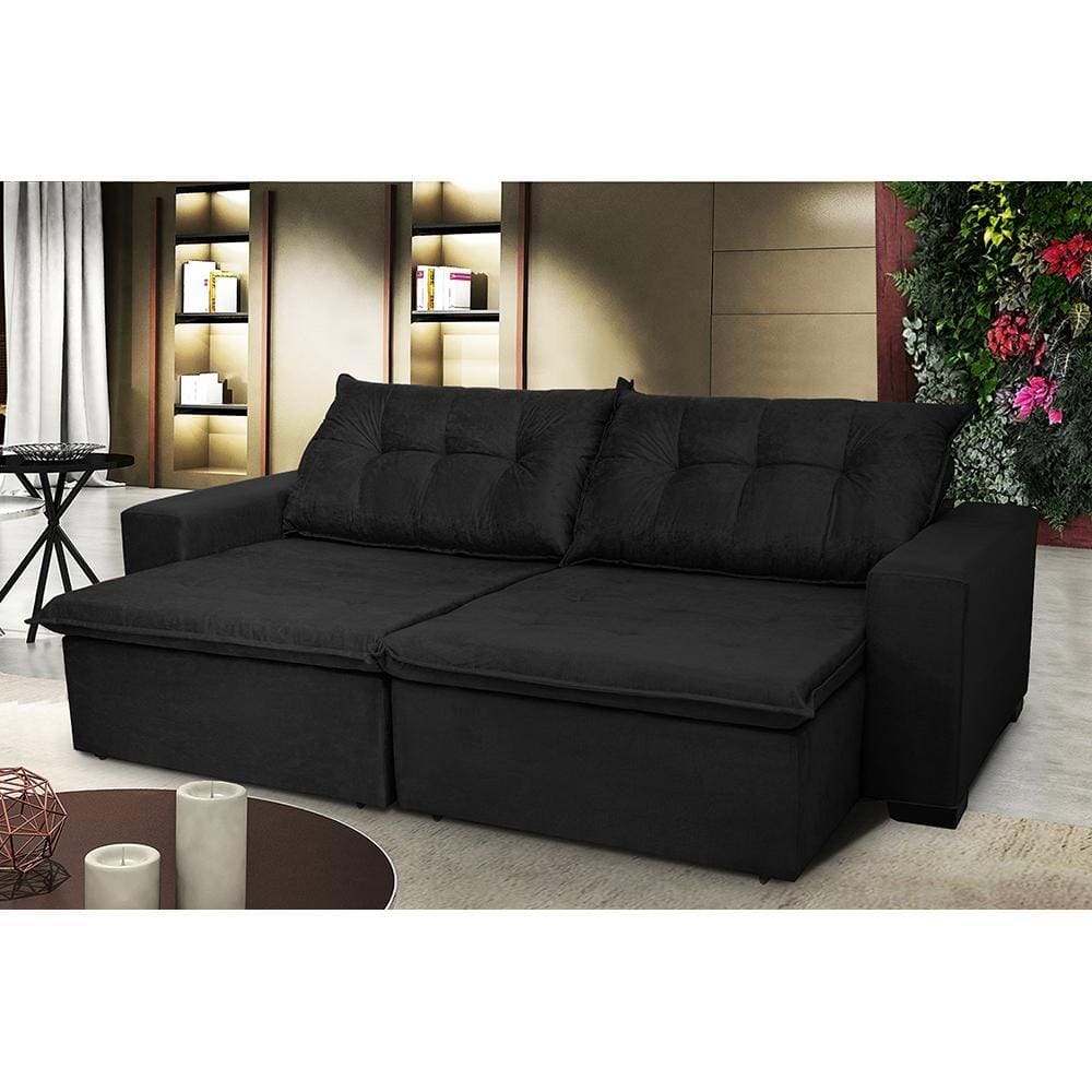 Sofá Austrália 2,52m Retrátil, Reclinável, Molas e Pillow no Assento Tecido Suede Preto Cama InBox