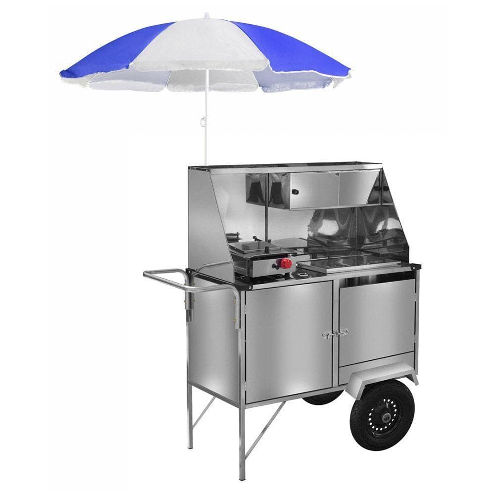 Carrinho 2 em 1 Cefaz Hot Dog e Lanche Luxo Inox com Rodas Pneumáticas e Guarda Sol L10P/GS