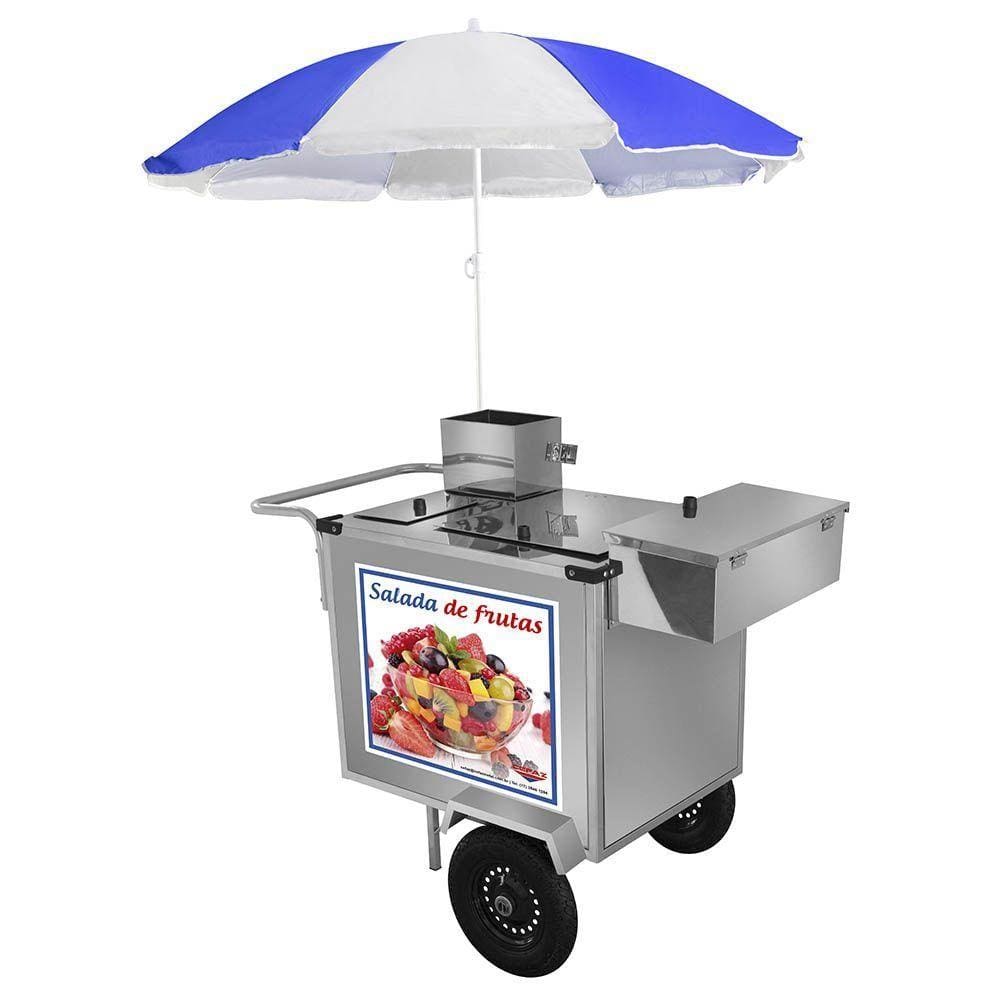 Carrinho de Salada de Frutas Cefaz Luxo Inox com Rodas Pneumáticas e Guarda Sol L27P/GS
