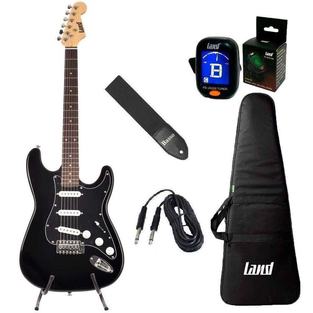 Kit Guitarra Stratocaster Land Preta+Capa+Correia+Afinador