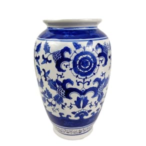 Vaso Decorativo Azul E Branco 30X18Cm Porcelana Floral